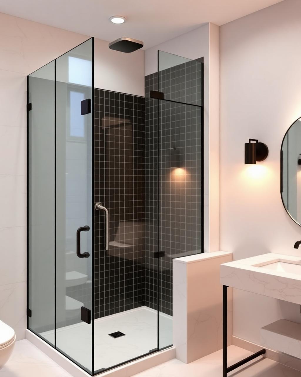 Black grid frameless shower enclosure