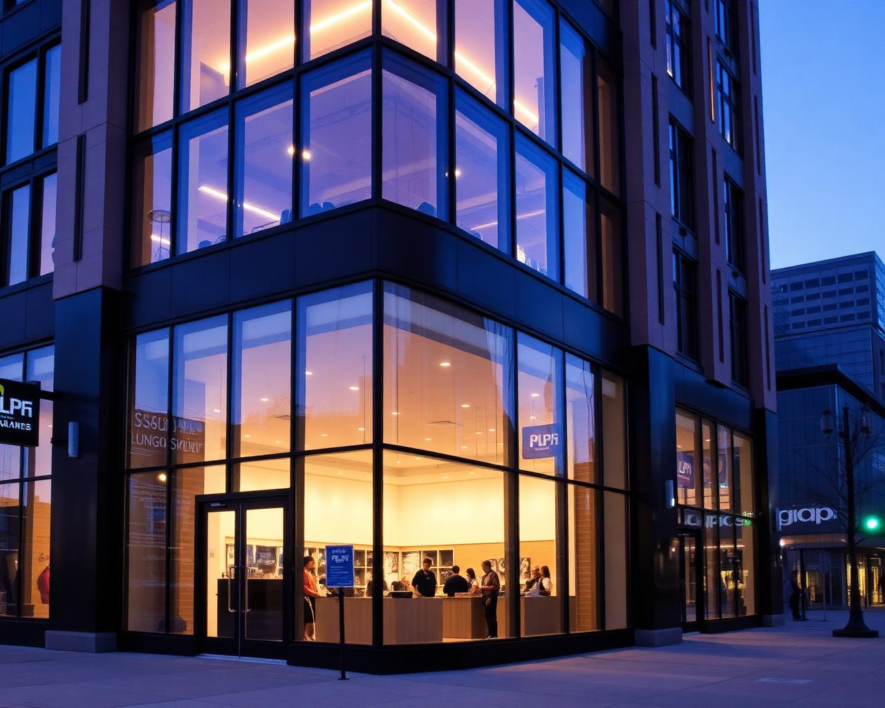 Commercial glass storefront at dusk